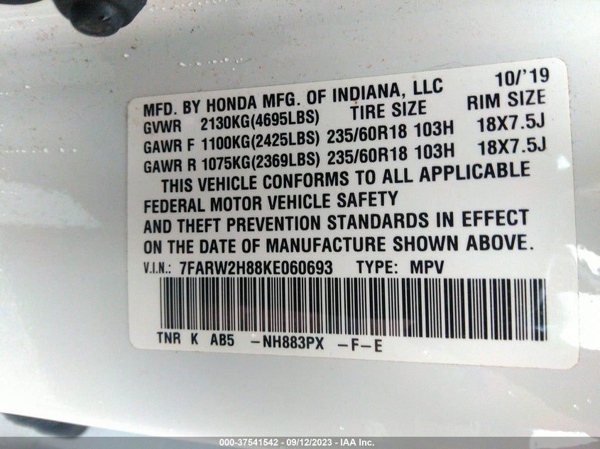 VIN 7FARW2H88KE060693 2019 HONDA CR-V EX-L