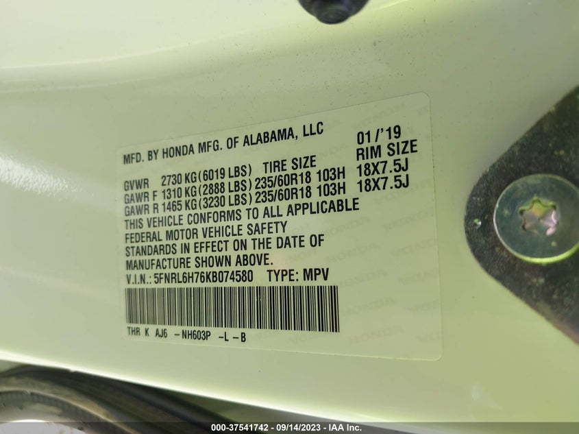 VIN 5FNRL6H76KB074580 2019 HONDA ODYSSEY EX-L