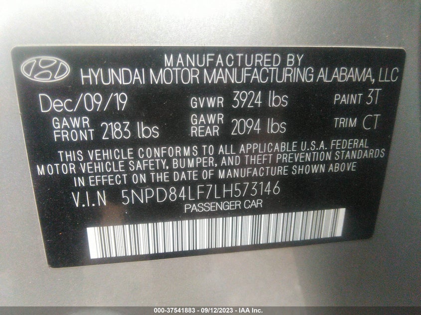 VIN 5NPD84LF7LH573146 2020 HYUNDAI ELANTRA VALUE EDITION