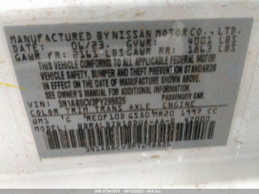 VIN 3N1AB8CV3PY298826 2023 NISSAN SENTRA SV