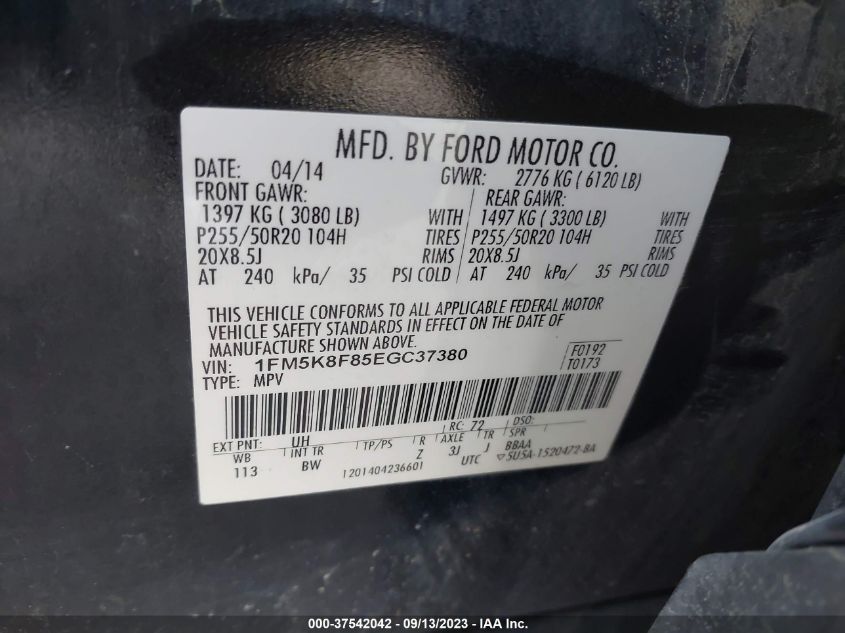 2014 FORD EXPLORER LIMITED - 1FM5K8F85EGC37380