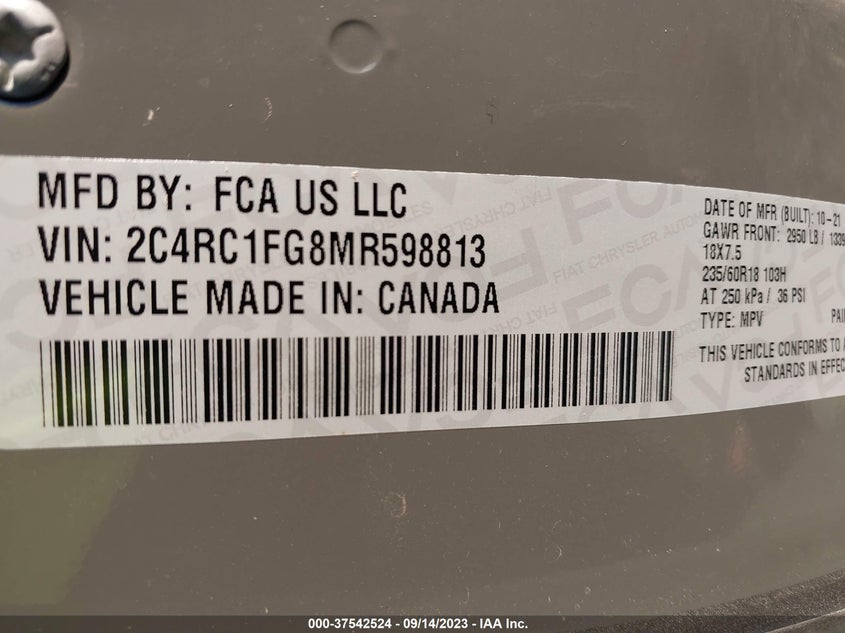 VIN 2C4RC1FG8MR598813 2021 CHRYSLER PACIFICA TOURING