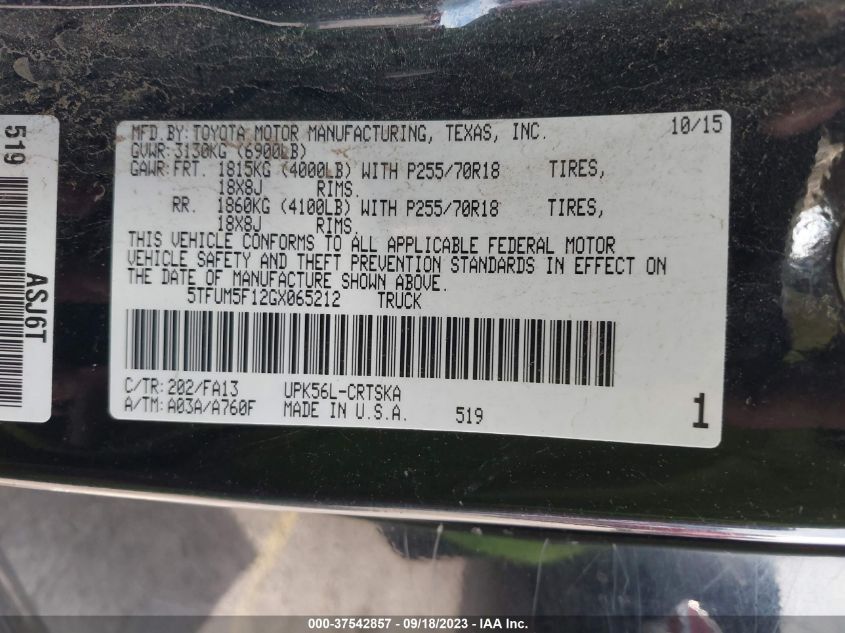 2016 TOYOTA TUNDRA 4WD TRUCK SR/SR5 - 5TFUM5F12GX065212