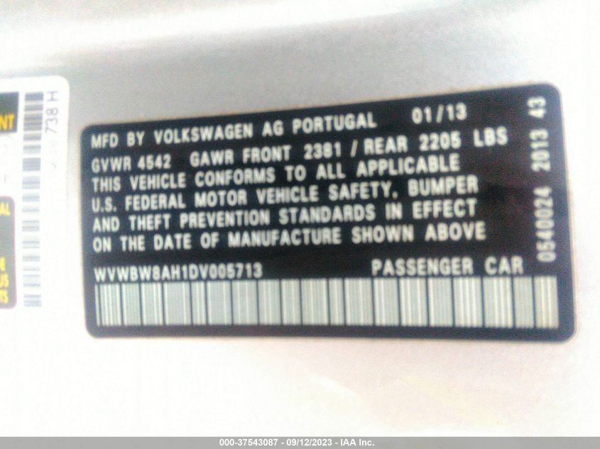 2013 VOLKSWAGEN EOS KOMFORT WVWBW8AH1DV005713