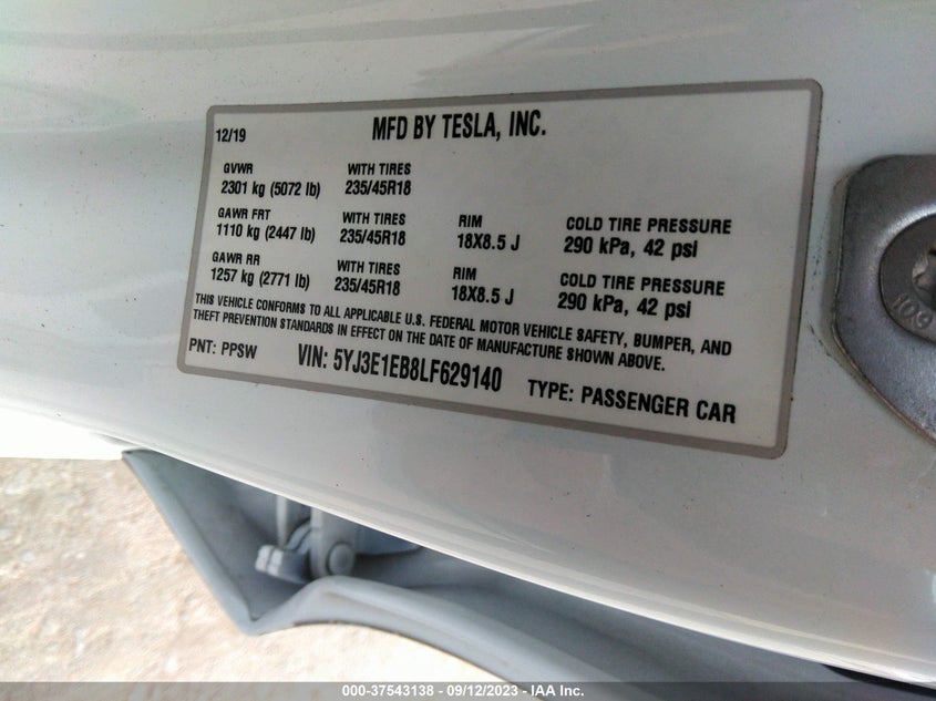 VIN 5YJ3E1EB8LF629140 2020 TESLA MODEL 3