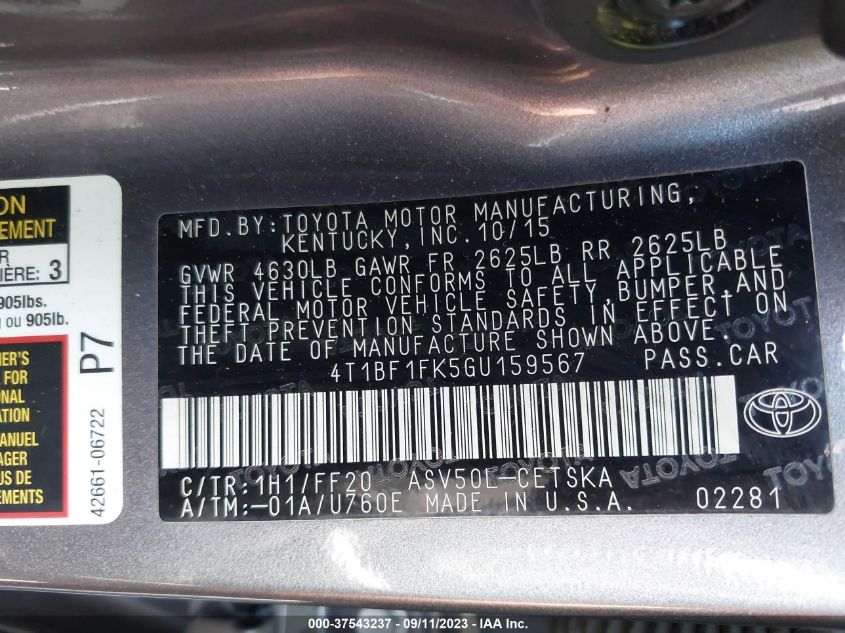 2016 TOYOTA CAMRY XLE/SE/LE/XSE - 4T1BF1FK5GU159567