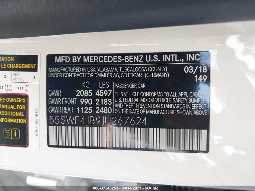 VIN 55SWF4JB9JU267624 2018 MERCEDES-BENZ C-CLASS C 300