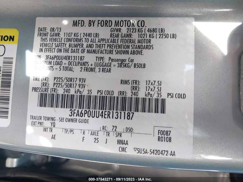 2014 FORD FUSION S HYBRID - 3FA6P0UU4ER131187