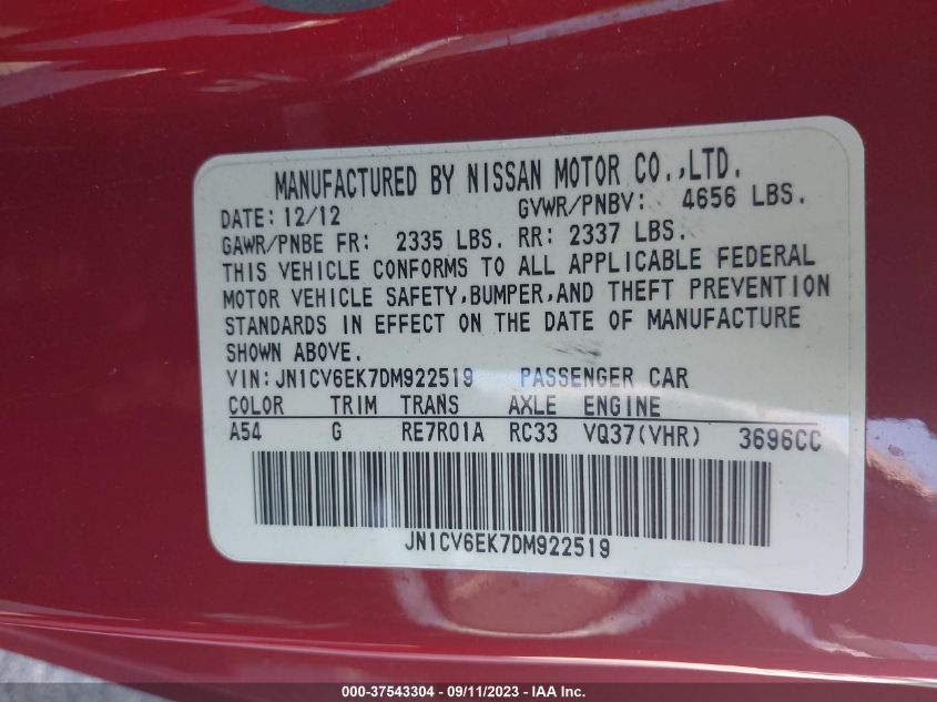 2013 INFINITI G37 COUPE JOURNEY JN1CV6EK7DM922519