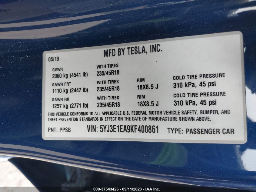 2019 TESLA MODEL 3 RANGE - 5YJ3E1EA9KF400861