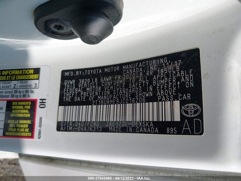 VIN 2T1BURHE9JC016206 2018 TOYOTA COROLLA L/LE/XLE/SE/XSE