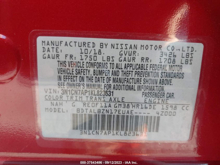 2019 NISSAN VERSA SEDAN SV 3N1CN7AP1KL823631