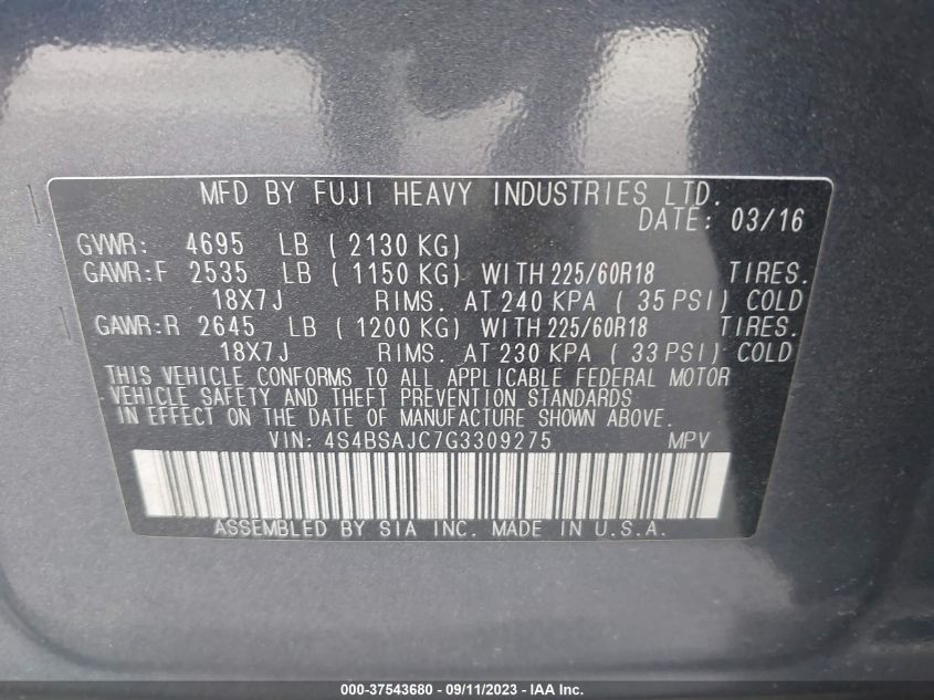 2016 SUBARU OUTBACK 2.5I LIMITED - 4S4BSAJC7G3309275