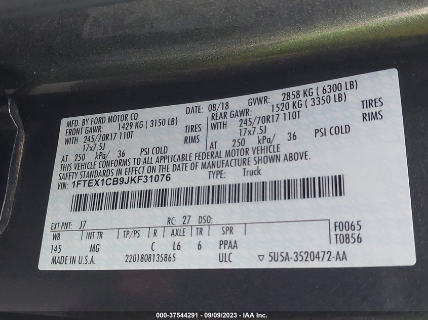 VIN 1FTEX1CB9JKF31076 2018 FORD F-150 XL/XLT