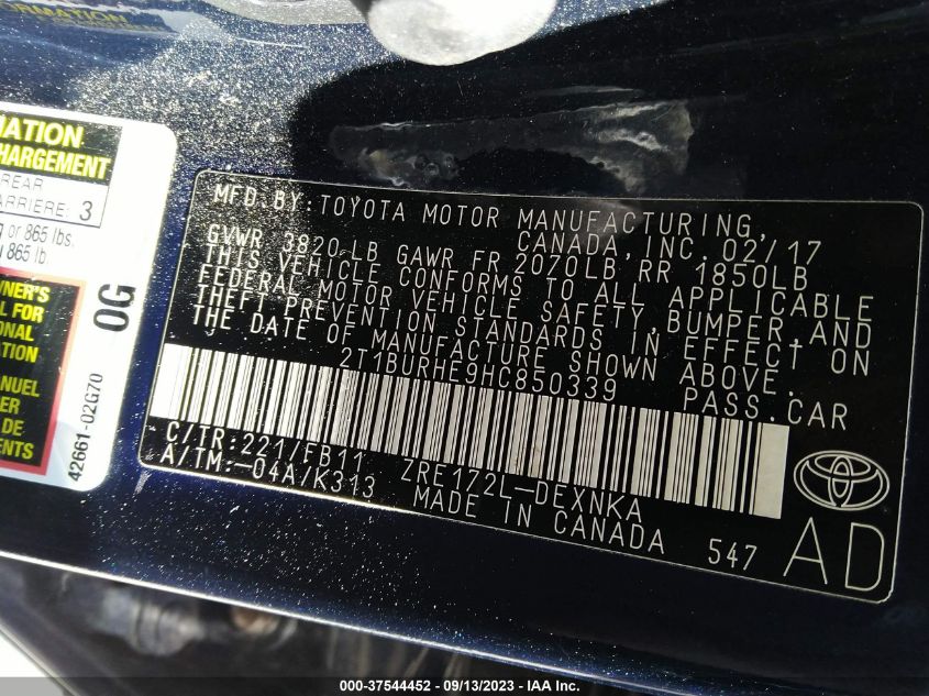 2017 TOYOTA COROLLA L/LE/XLE/SE - 2T1BURHE9HC850339