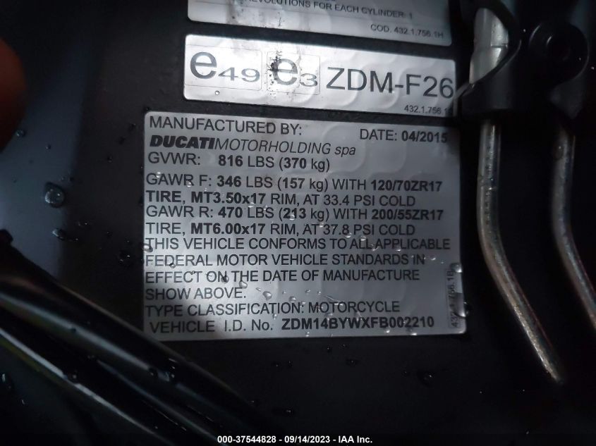 2015 DUCATI SUPERBIKE 1299 PANIGALE/S ZDM14BYWXFB002210