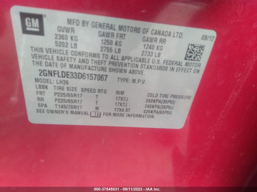 2013 CHEVROLET EQUINOX LT - 2GNFLDE33D6157067