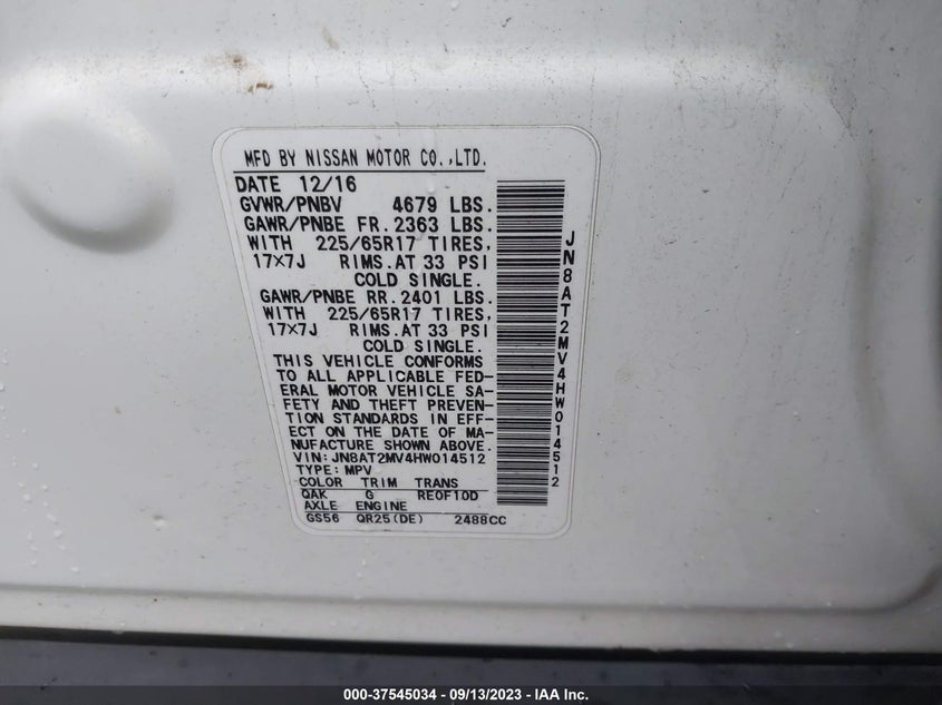 VIN JN8AT2MV4HW014512 2017 NISSAN ROGUE S