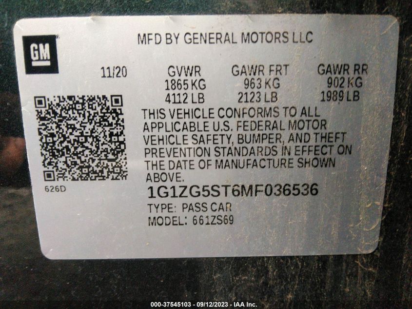 2021 CHEVROLET MALIBU RS - 1G1ZG5ST6MF036536