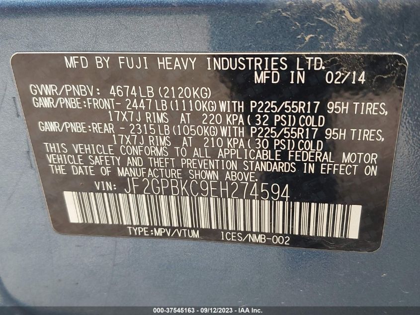 2014 SUBARU XV CROSSTREK HYBRID TOURING JF2GPBKC9EH274594