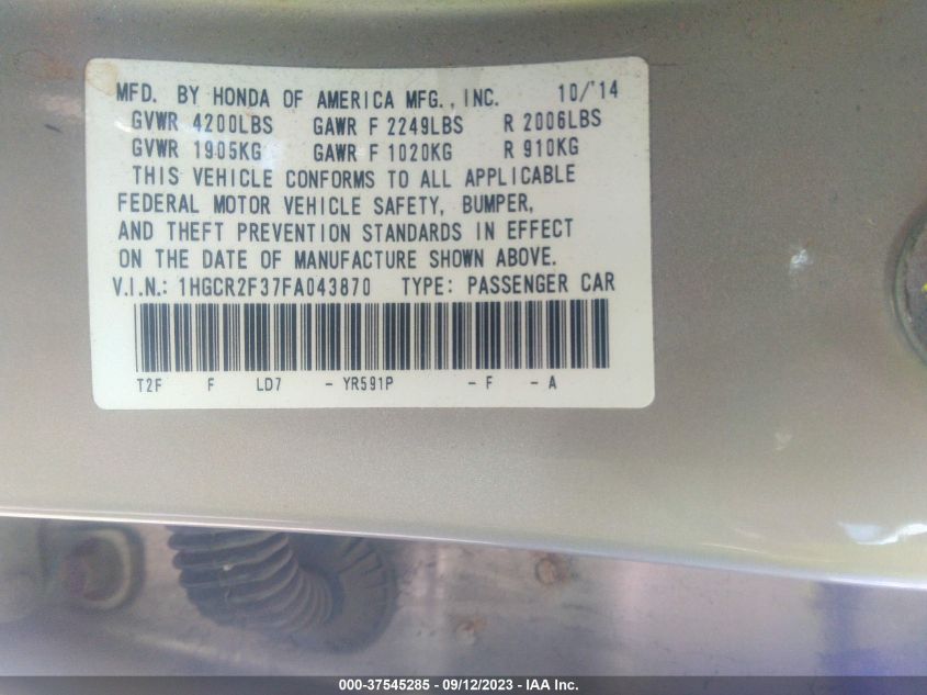2015 HONDA ACCORD SEDAN LX - 1HGCR2F37FA043870