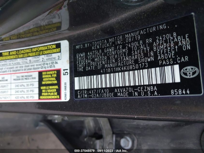 2019 TOYOTA CAMRY L/LE/XLE/SE/XSE - 4T1B11HK4KU850173