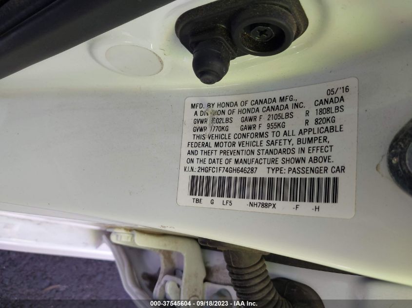 2016 HONDA CIVIC EX-L - 2HGFC1F74GH646287