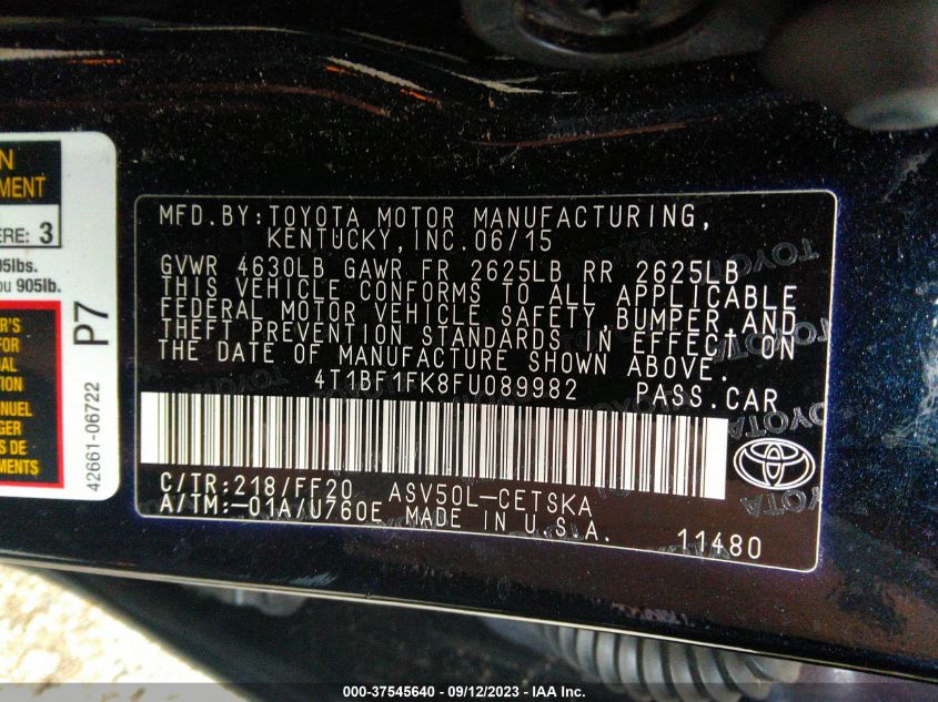 2015 TOYOTA CAMRY XLE/SE/LE/XSE - 4T1BF1FK8FU089982
