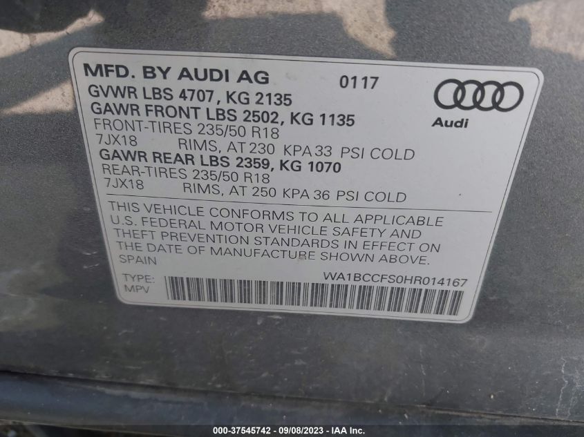 2017 AUDI Q3 PREMIUM - WA1BCCFS0HR014167