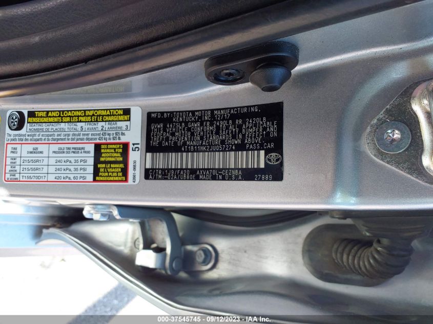2018 TOYOTA CAMRY L/LE/XLE/SE/XSE - 4T1B11HK2JU057274