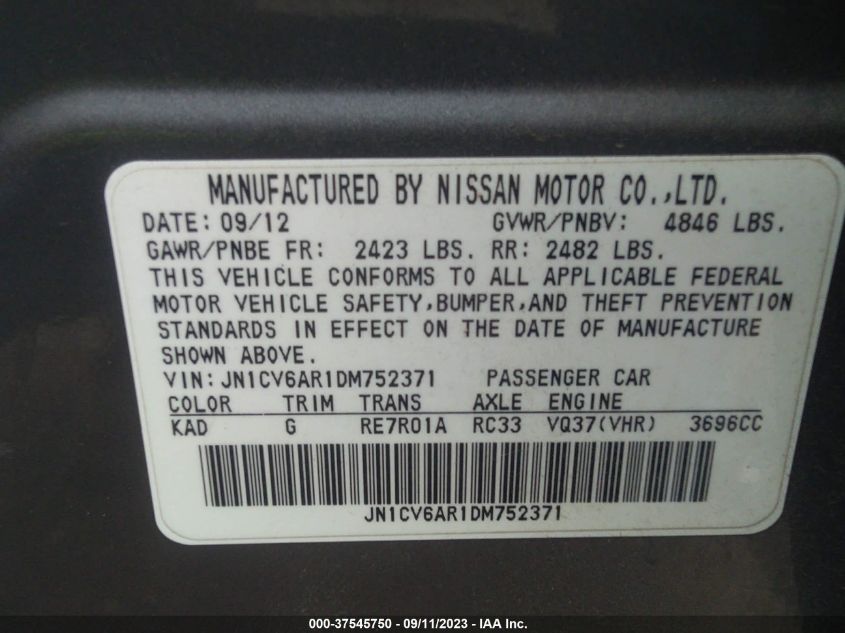 2013 INFINITI G37 SEDAN X JN1CV6AR1DM752371