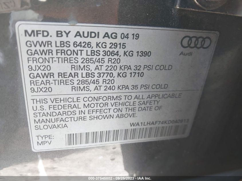 VIN WA1LHAF74KD040913 2019 AUDI Q7 no.9