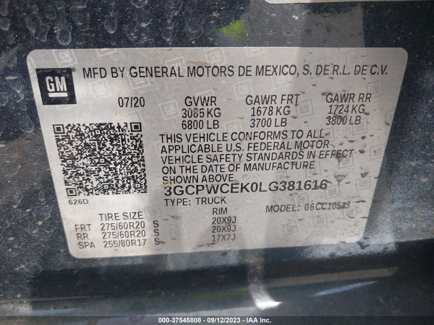 2020 CHEVROLET SILVERADO 1500 LT - 3GCPWCEK0LG381616