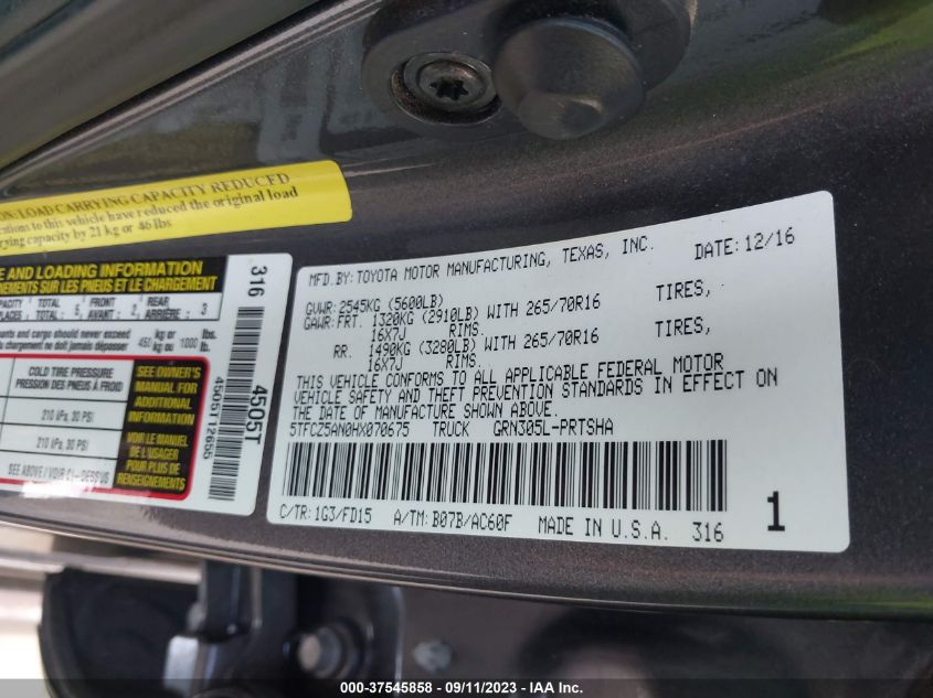 2017 TOYOTA TACOMA DBL CAB/SR/TRDSPT/OR/PRO - 5TFCZ5AN0HX070675