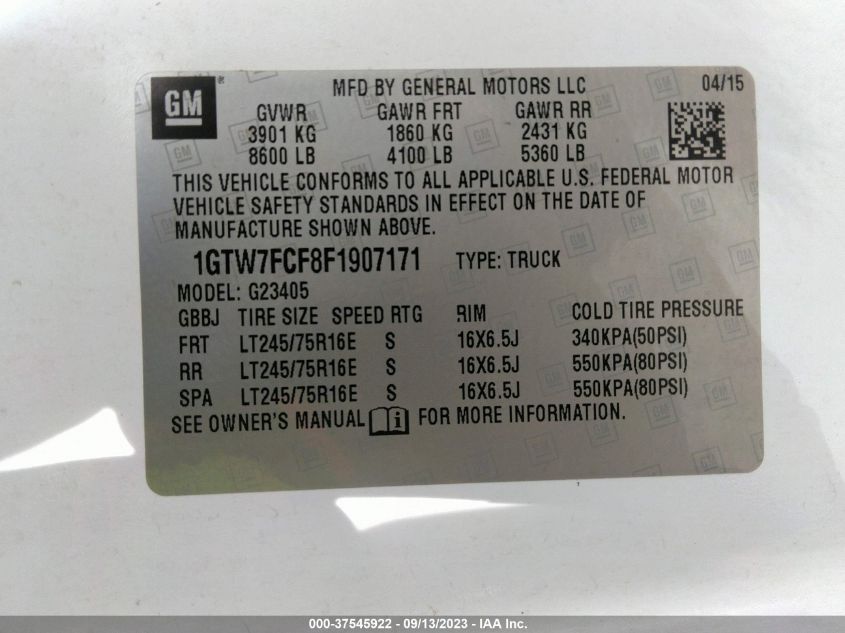 2015 GMC SAVANA CARGO VAN 1GTW7FCF8F1907171