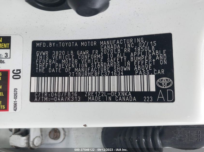2015 TOYOTA COROLLA L/LE/LE PLS/PRM/S/S PLS - 2T1BURHE8FC371634
