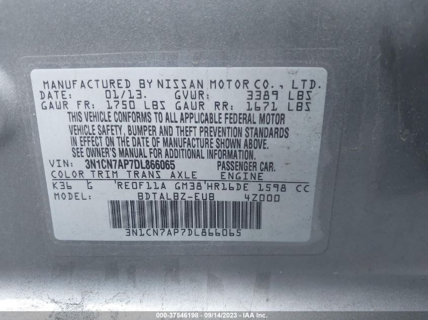 2013 NISSAN VERSA SV - 3N1CN7AP7DL866065