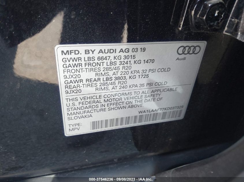 WA1LAAF77KD037329 Audi Q7 PREMIUM PLUS 9