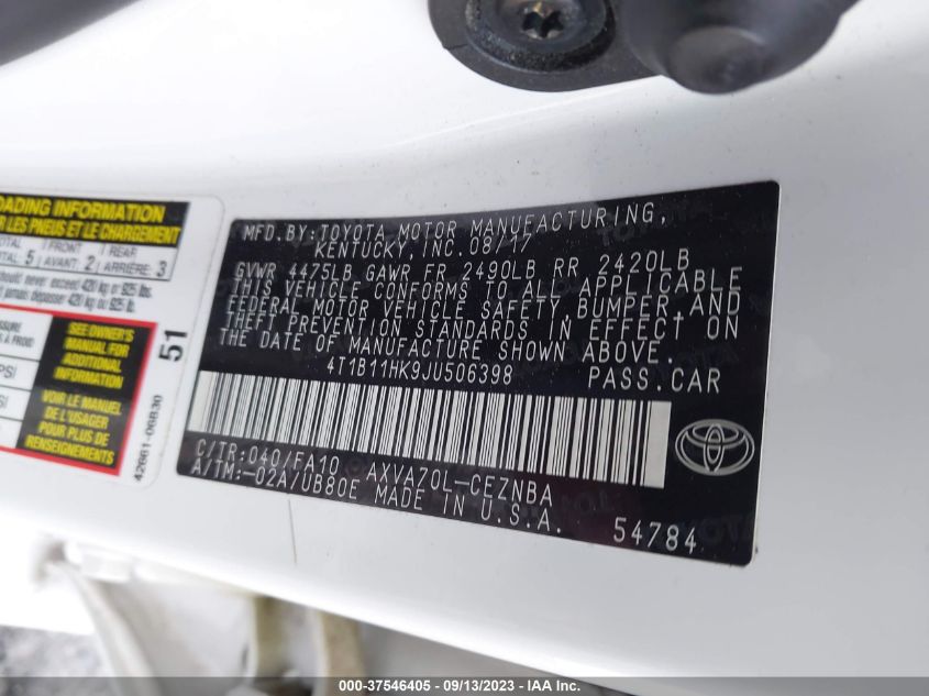 2018 TOYOTA CAMRY L/LE/XLE/SE/XSE - 4T1B11HK9JU506398