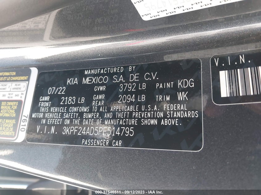 VIN 3KPF24AD5PE514795 2023 KIA FORTE LX/LXS