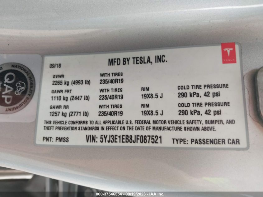 2018 TESLA MODEL 3 LONG RANGE - 5YJ3E1EB8JF087521