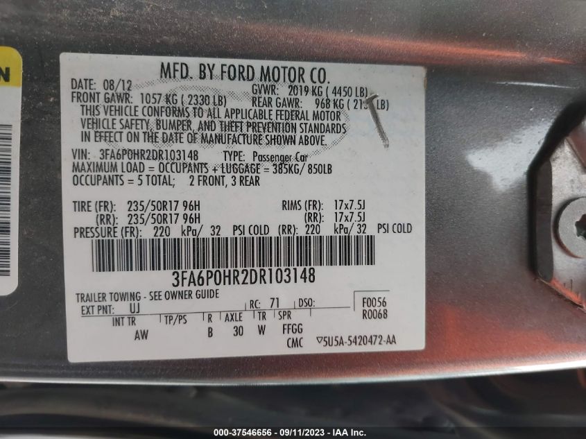 2013 FORD FUSION SE - 3FA6P0HR2DR103148