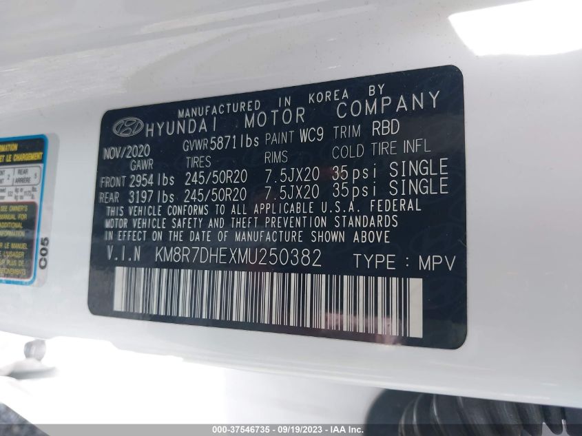 VIN KM8R7DHEXMU250382 2021 HYUNDAI PALISADE CALLIGRAPHY