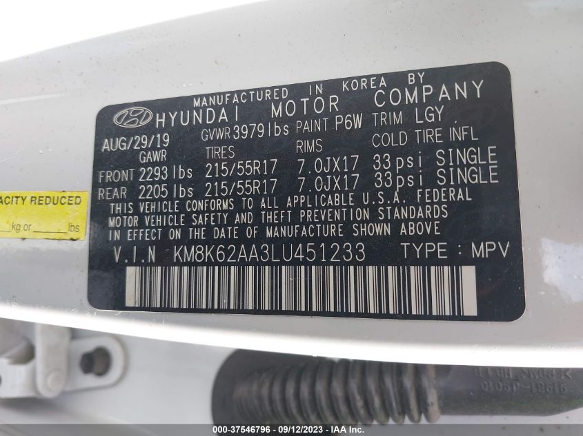 2020 HYUNDAI KONA SEL PLUS - KM8K62AA3LU451233