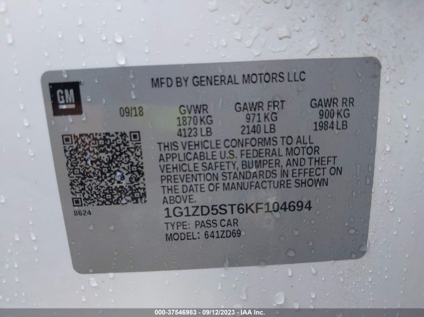 2019 CHEVROLET MALIBU LT - 1G1ZD5ST6KF104694
