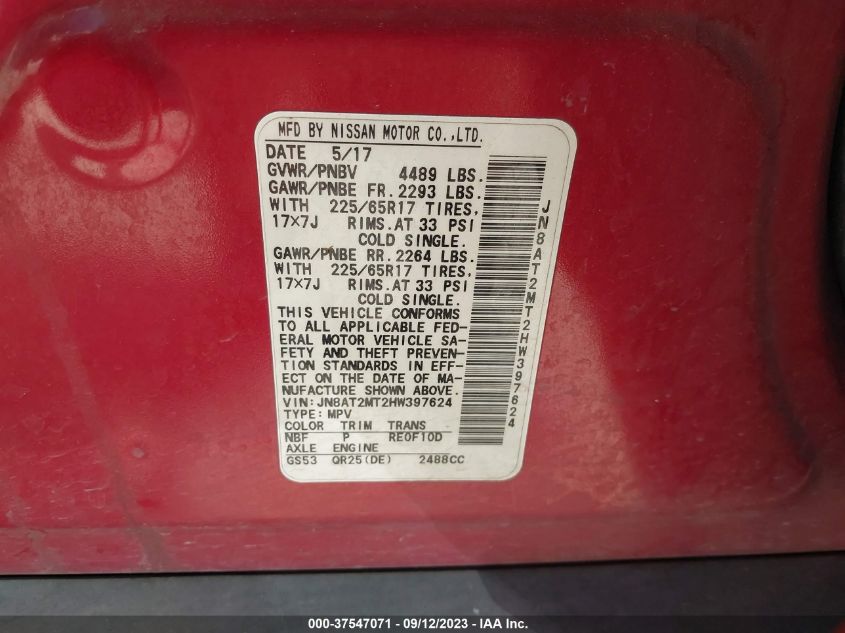 2017 NISSAN ROGUE SV - JN8AT2MT2HW397624