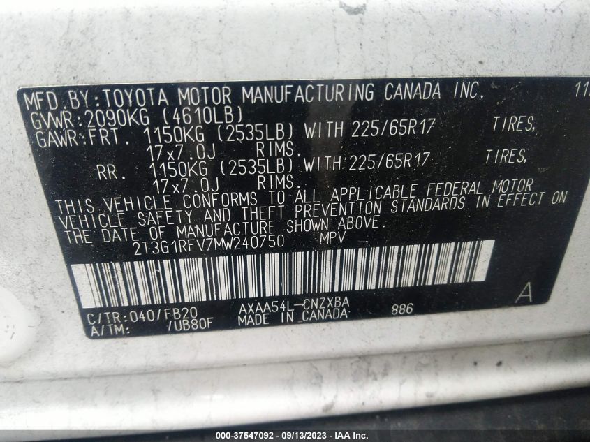 2021 TOYOTA RAV4 LE - 2T3G1RFV7MW240750