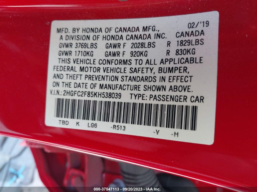 2019 HONDA CIVIC SPORT - 2HGFC2F85KH538039