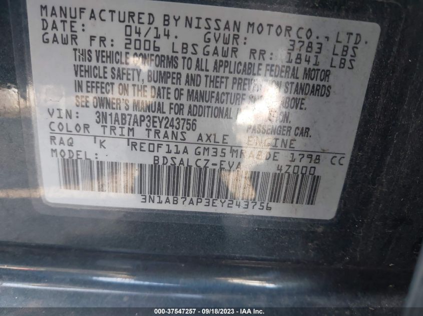 2014 NISSAN SENTRA S - 3N1AB7AP3EY243756