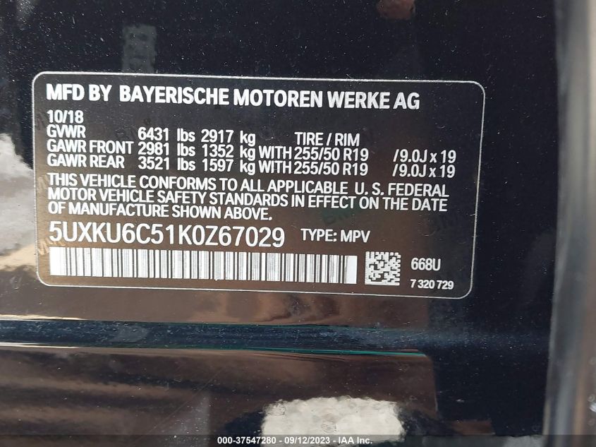 2019 BMW X6 XDRIVE50I - 5UXKU6C51K0Z67029